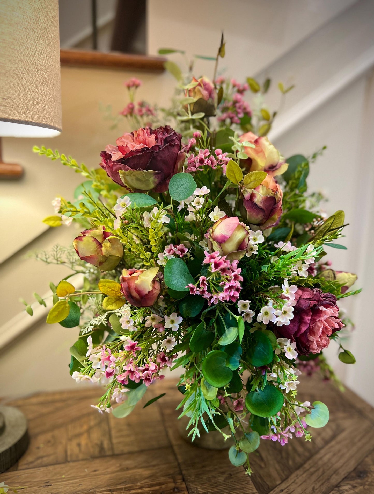Cabbage Rose Table Arrangement - Vintage Container- Front Facing Arrangement