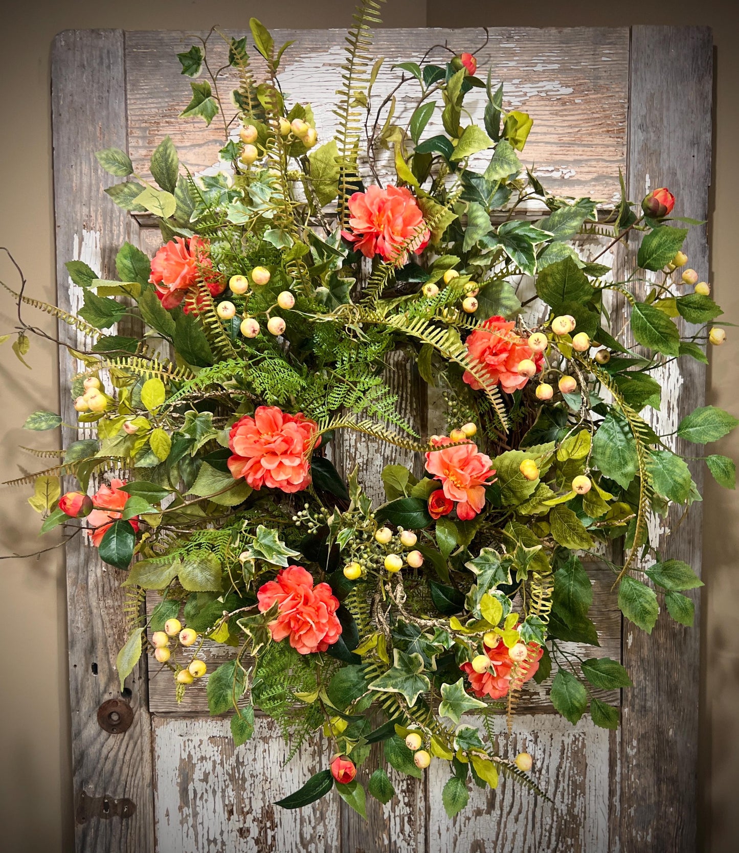 Spring Floral Woodland Grapevine Wreath - Camelias with Ferns and Berries