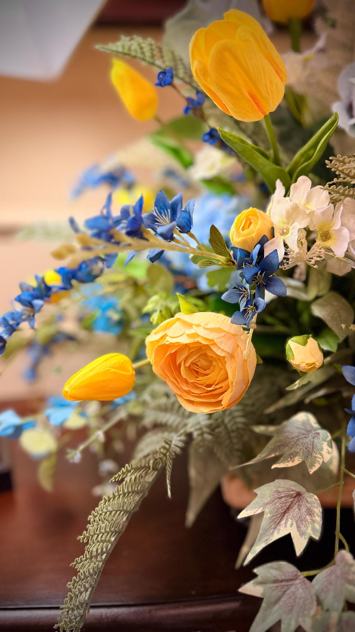 Designer Spring Real Touch Tulip and Florals Arrangement - Flowering Blue Astilbes