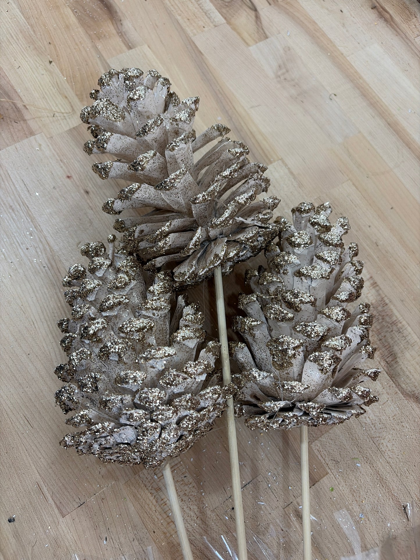 3pc SET 6in Metallic Glitter Sugar Cone LIGHT CHAMPAGNE Winter Woods
