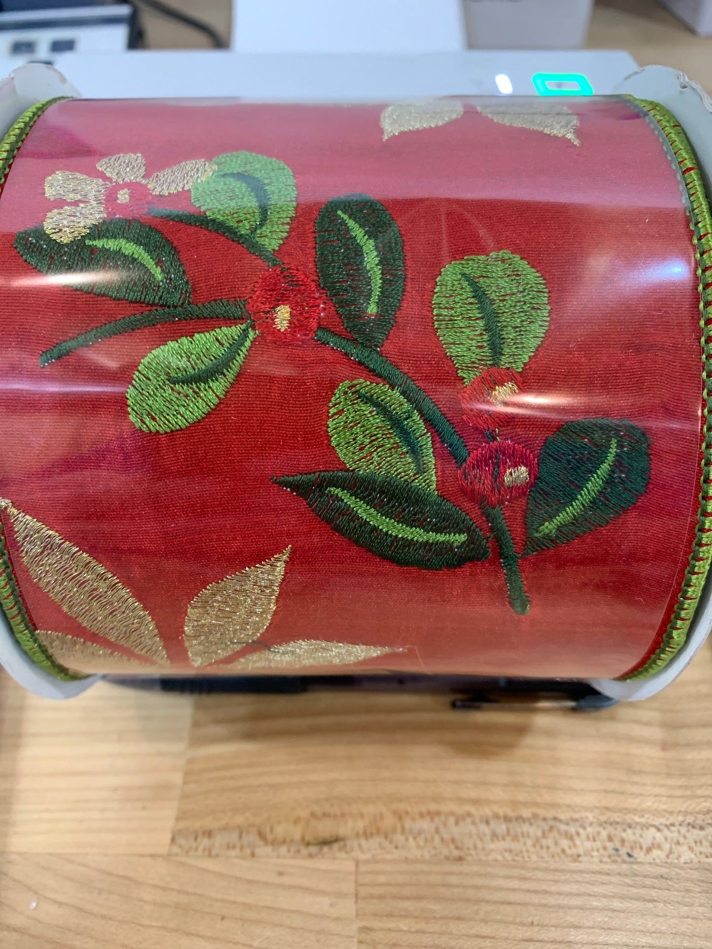 4inx10yd Embroidery Red/Green/Gold Leaf Pattern Berry Ribbon
