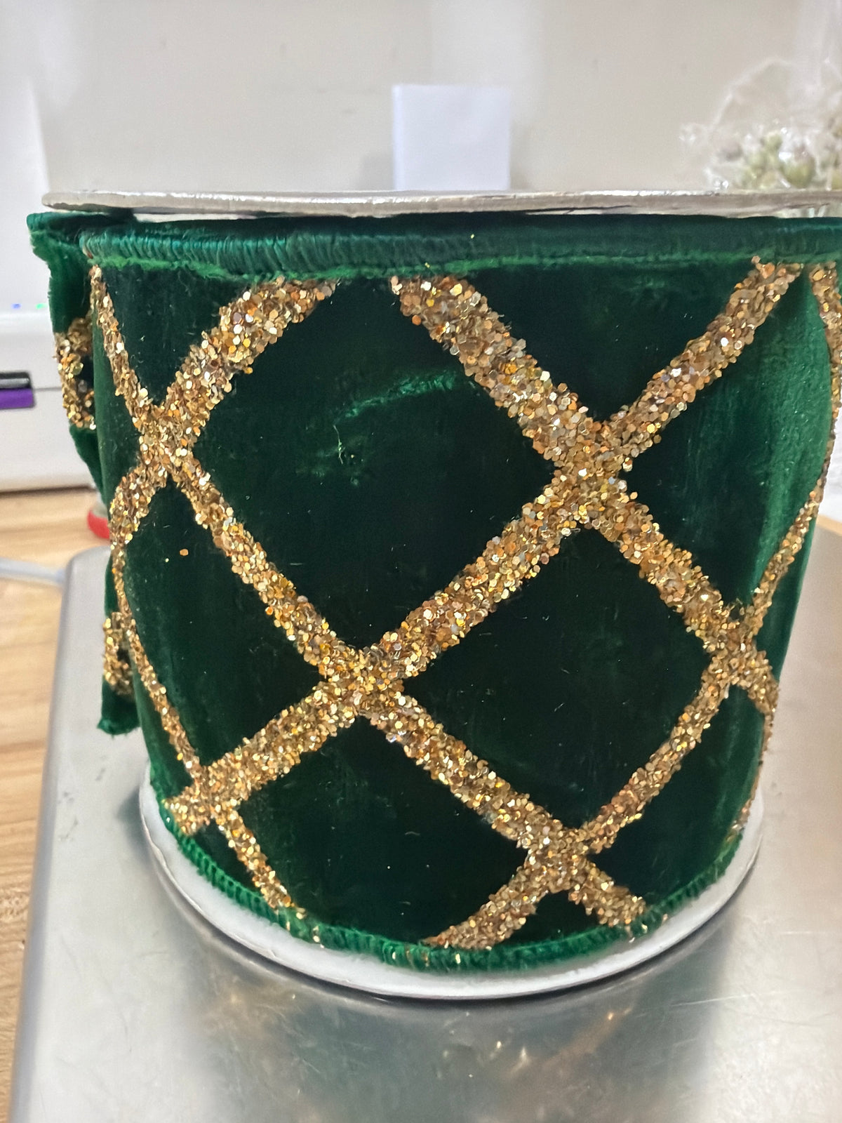 5YD 4in Emerald Gold Velvet Lattice Ribbon Farrisilk