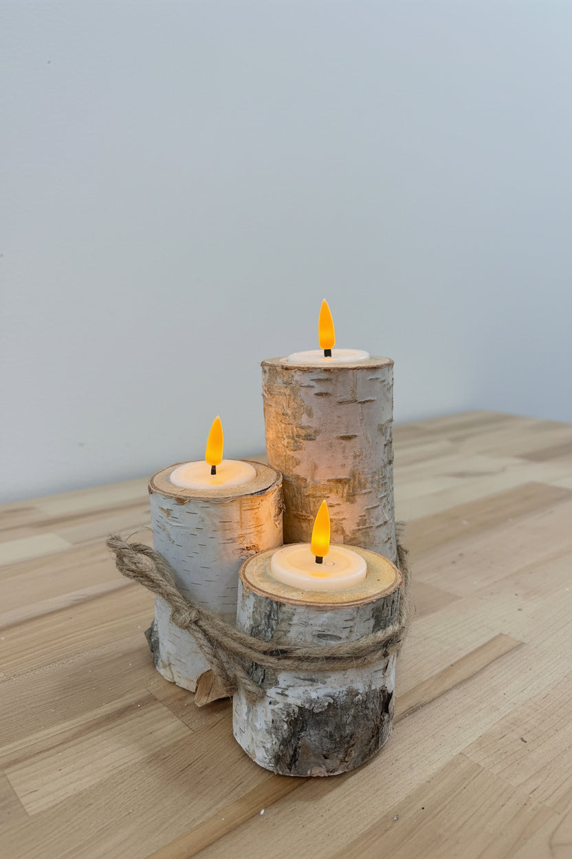 3pc SET Birch Candleholder w/Blow Candles Winter Woods