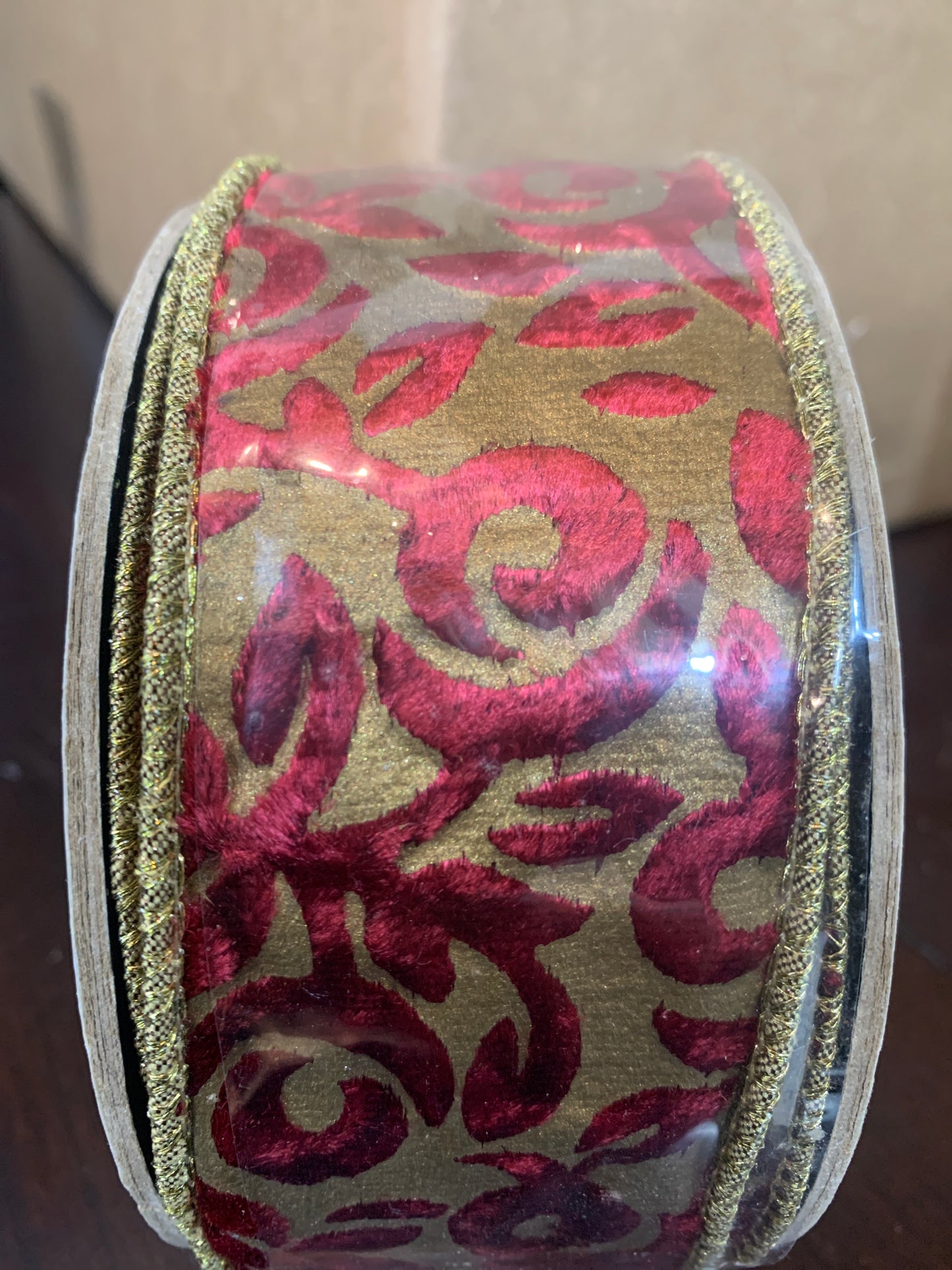 2INCH x 10yd D Stevens Velvet BURG on GOLD Christmas Ribbon