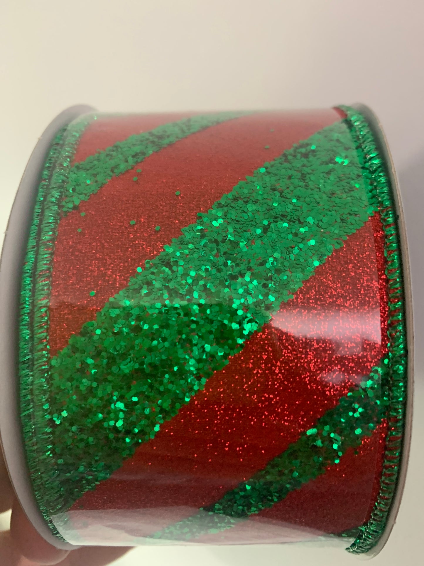 2.5inx10yd Diag Stripe Glitter GREEN/RED