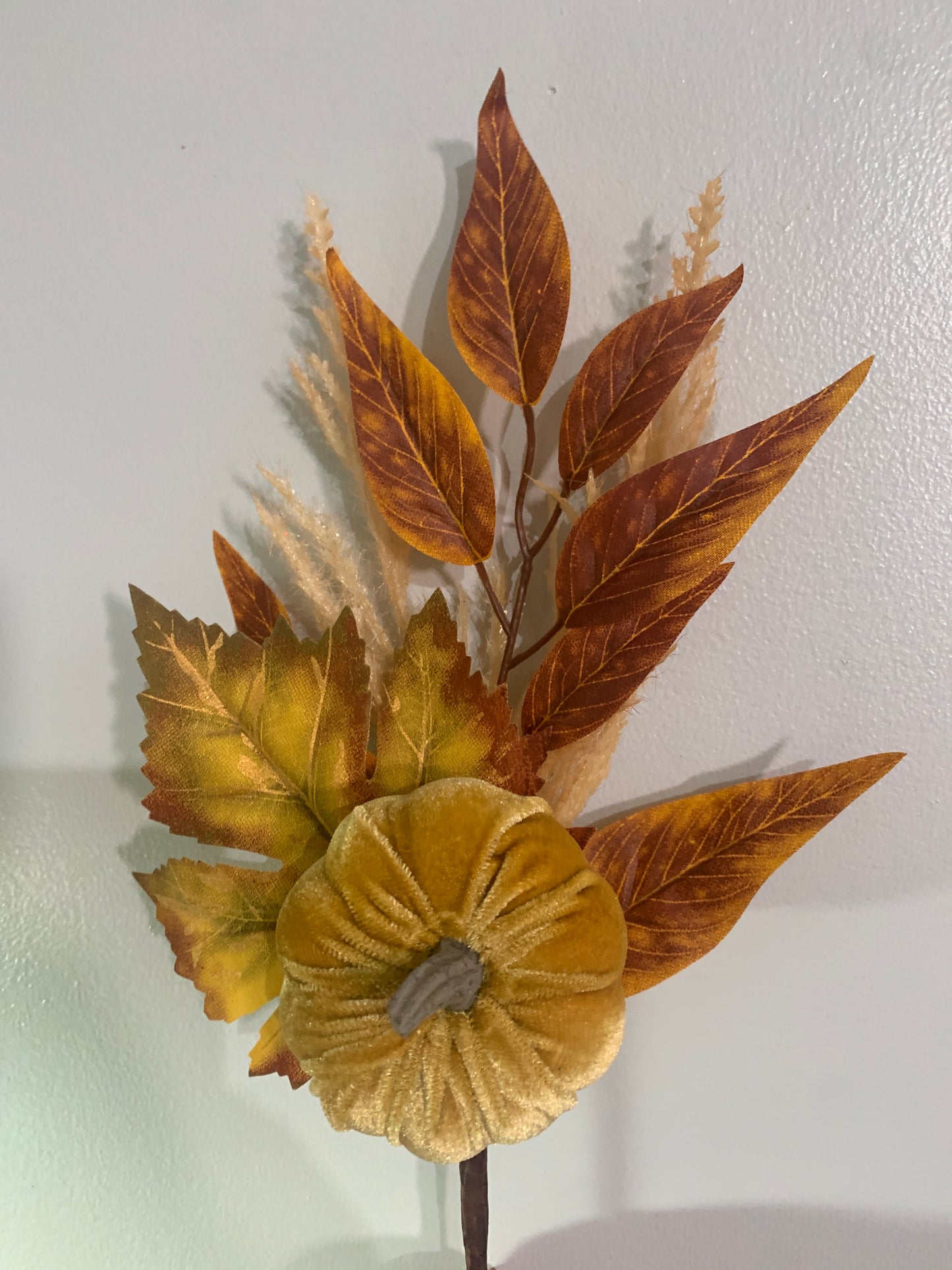 12in Velvet Pumpkin & Leaf in Fall Gold