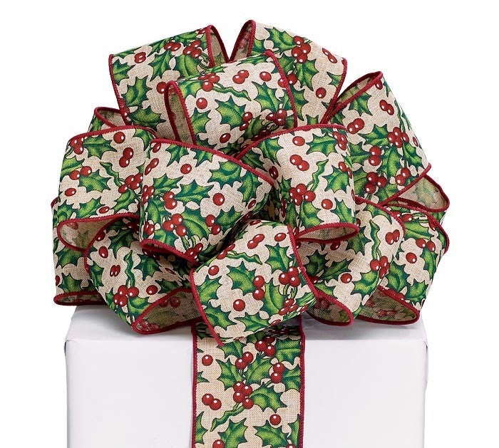 20Yd 2.5in Holly on light khaki Christmas Ribbon Burton & Burton