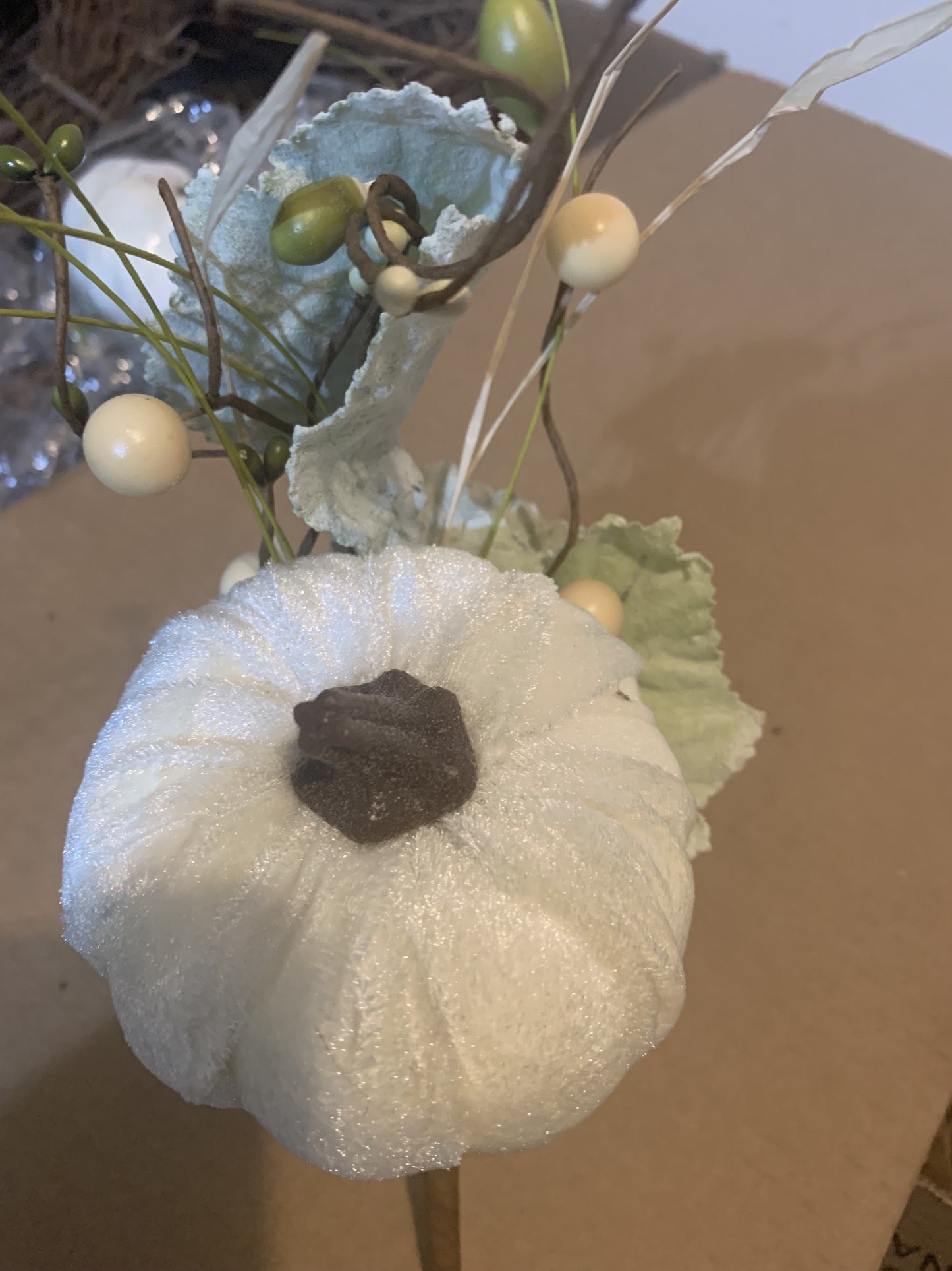 14in CREAM Velvet Pumpkin w/Leaves & Berries