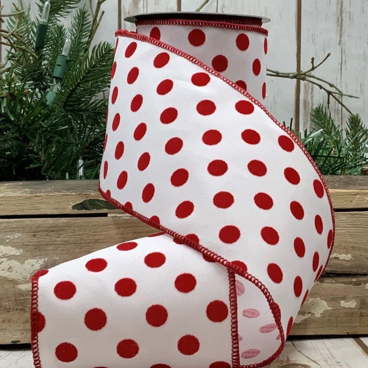 4in X 10 YD. D Stevens RED Velvet Dots on WHITE Satin Christmas Ribbon