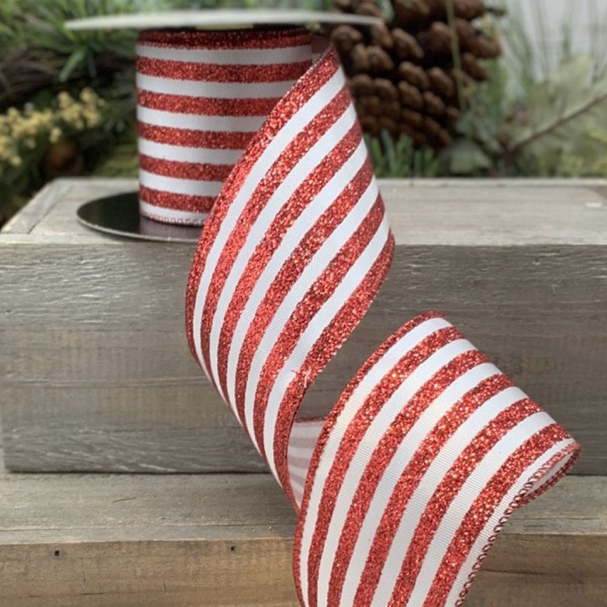2.5inx10yd Satin Glitter Stripe RD/WH