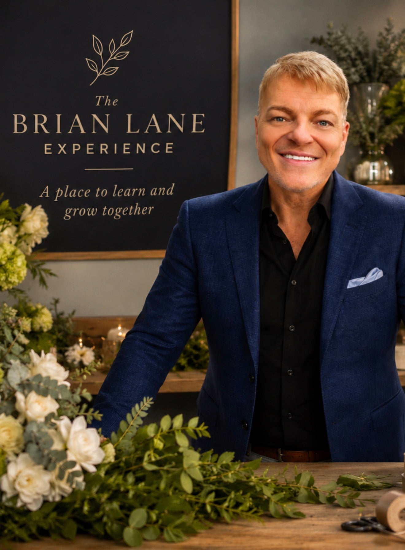 Man in a blue suit standing behind floral arrangements with 'The Brian Lane Experience' sign in the background.