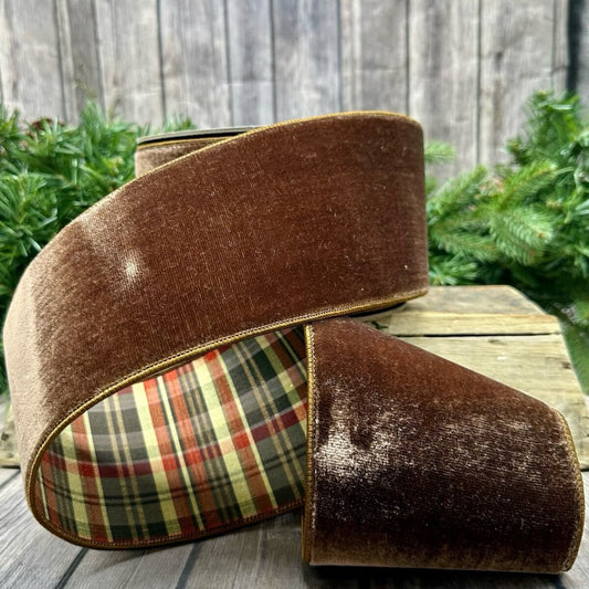 4inx10yd Velvet Brown Ribbon w/Plaid Back