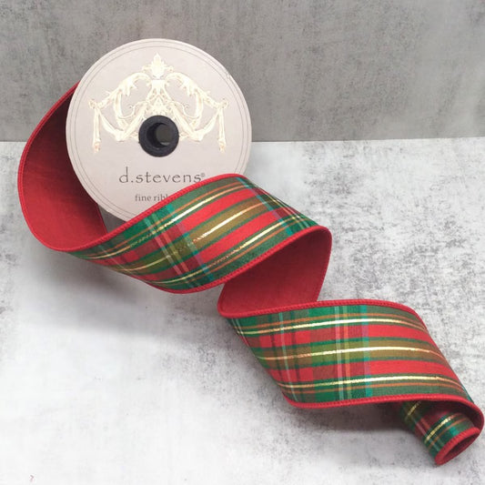 2.5inx10yds dupion juniper plaid metallic gold thread, dark green moss green red