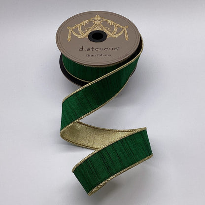 1.5" x 10 Yds. D. Stevens Slub Dupioni Metallic Ribbon with Gold Back – Emerald Green DStevens