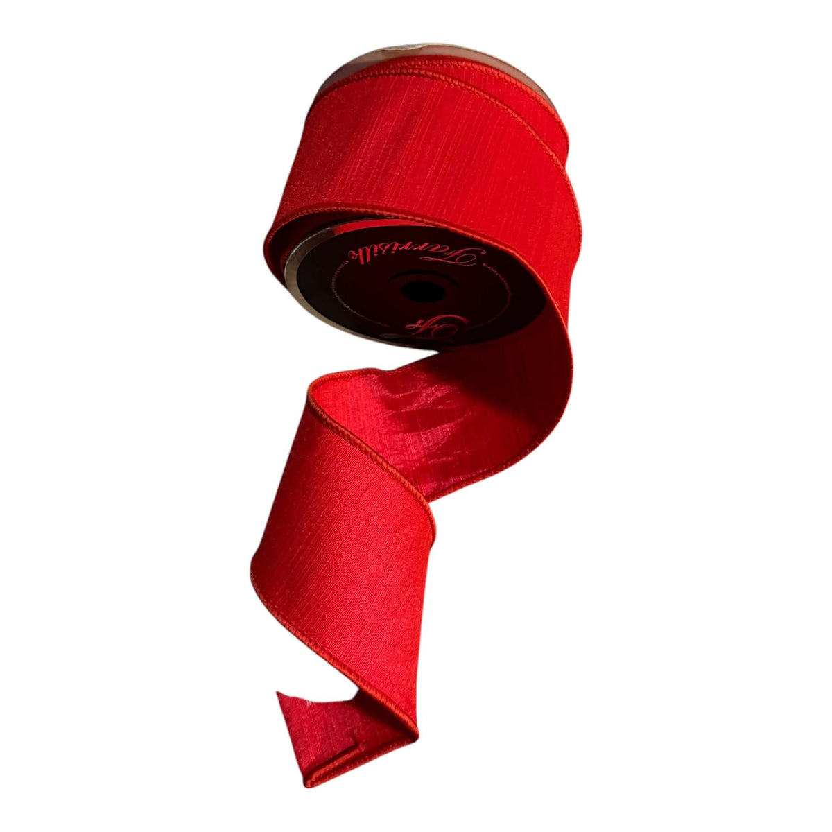 Farrisilk 2.5-inch x 10-yard red two-tone dupioni designer ribbon on a black spool, featuring a textured slub face with deeper-red stitched edges and a glossy satin reverse visible on the folded tail.
