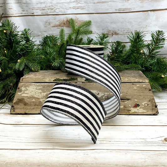 2.5inx10yd Grosgrain Glitter Black/White Stripe