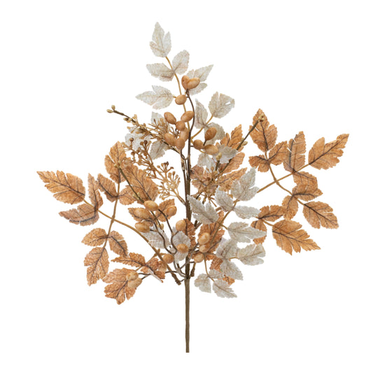 A 21-inch artificial fall foliage spray featuring layered maple-shaped leaves in soft ivory, champagne, and warm tan tones. The stem includes clusters of light tan berries and delicate botanical accents on wired branches, creating an elegant neutral autumn look suitable for wreaths, floral arrangements, and seasonal home décor.