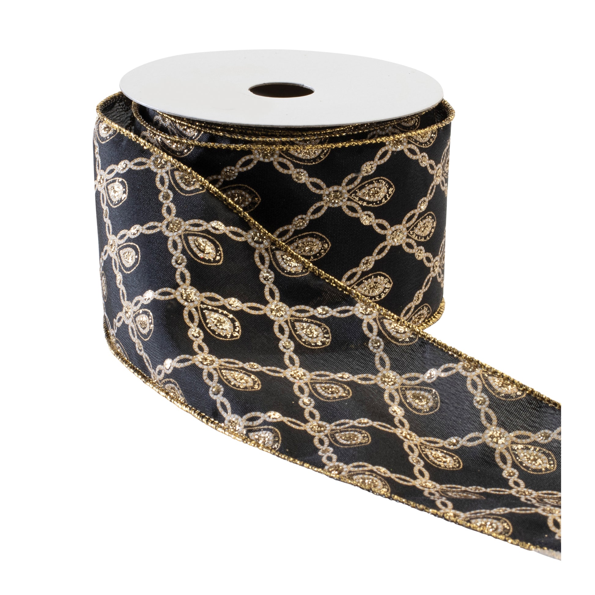 2.5-inch black wired polyester ribbon with gold glitter jeweled lattice pattern and metallic gold edges on a 10-yard roll.