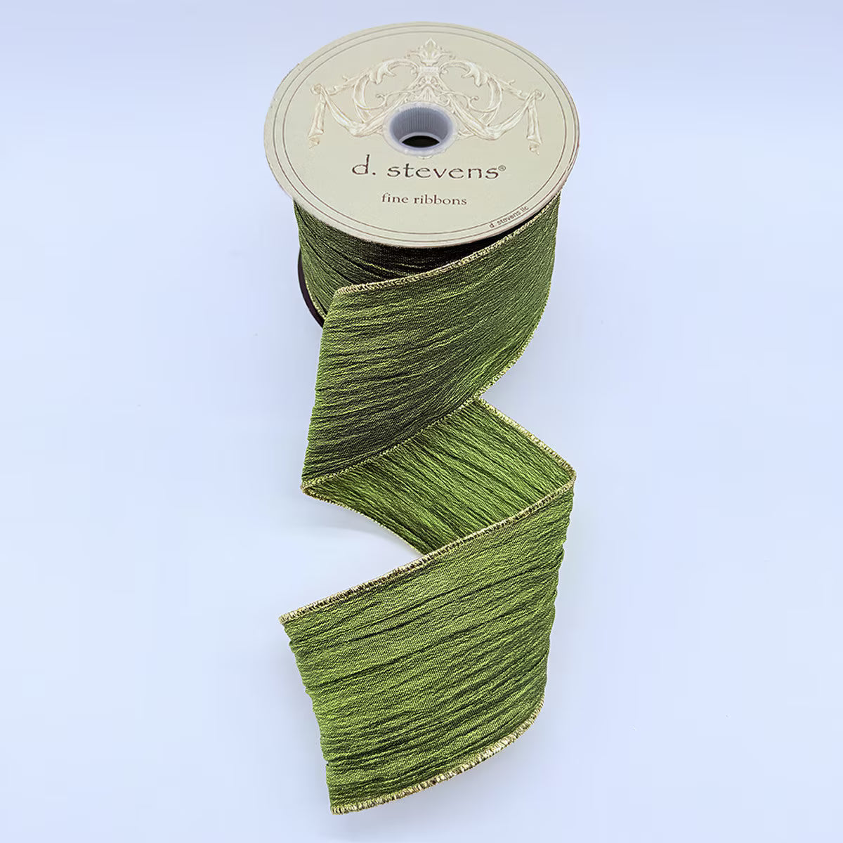 d. Stevens 2.5-inch olive green crinkle gauze Christmas ribbon with textured fabric and coordinating finished edges, displayed on a 10-yard spool.