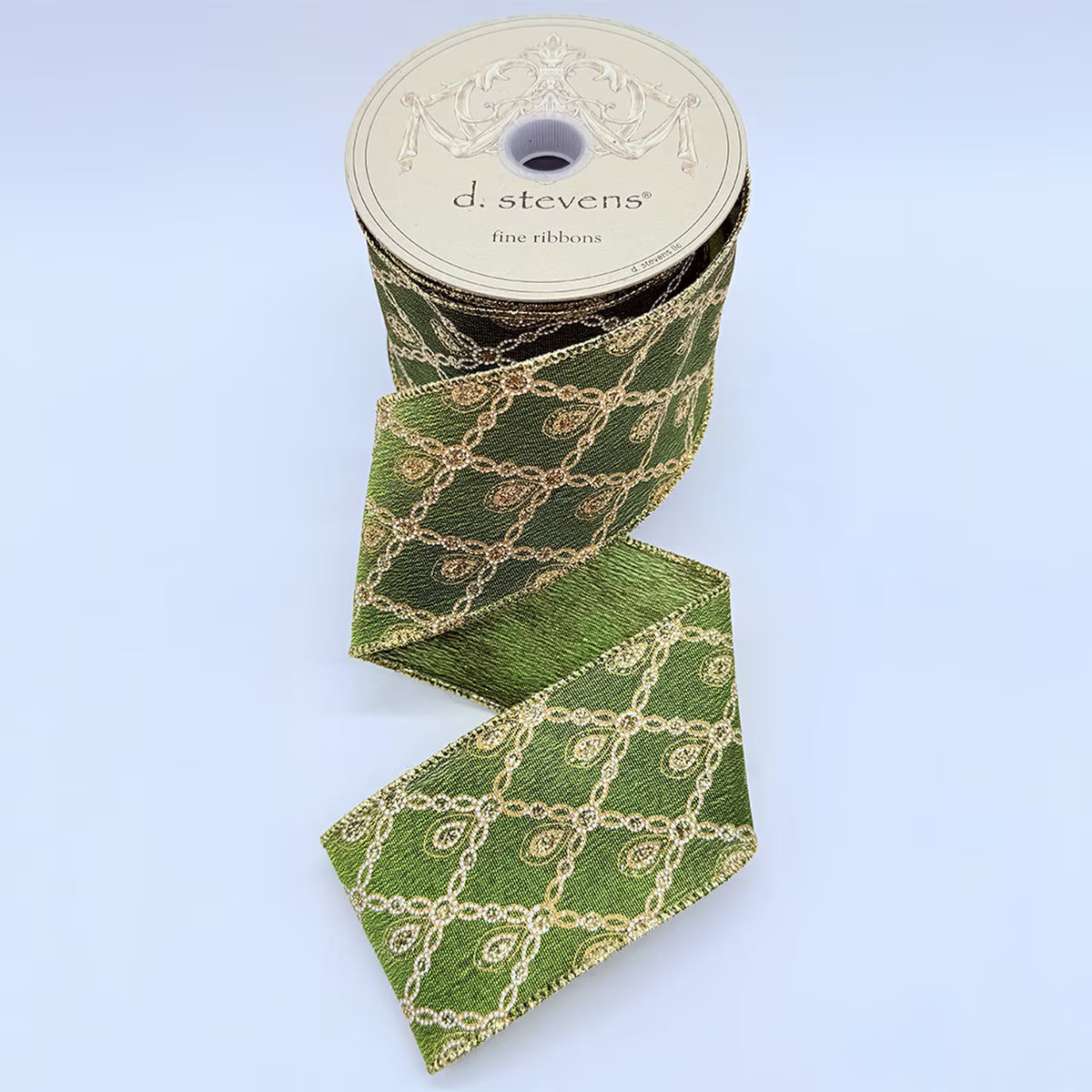 d. Stevens 2.5" x 10 Yards Olive Green & Gold Satin Glitter Chain Diamond Drop Designer Christmas Ribbon DStevens