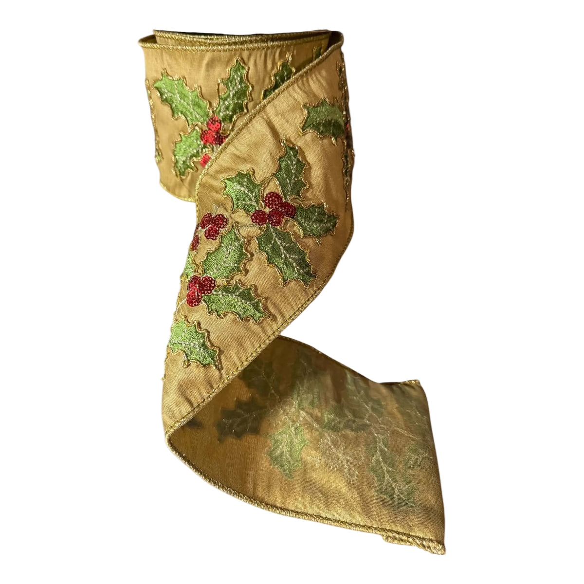 4-inch x 10-yard champagne-gold designer ribbon featuring embroidered green holly leaves with red beaded berries and coordinating metallic-gold finished edges.