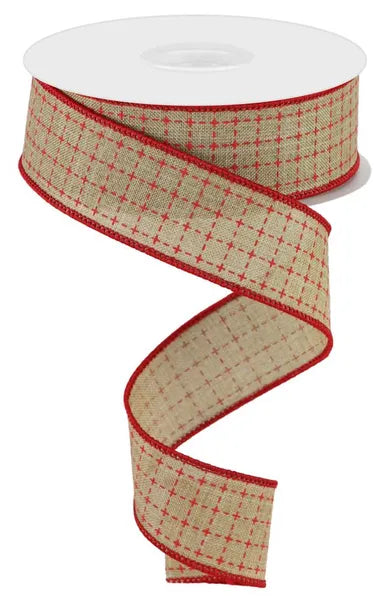 1.5 inch Raised Stitched Squares/Royal Light Natural/Red