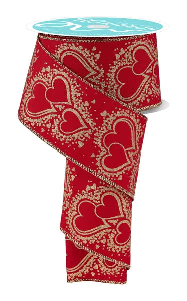 2.5inx10yd Valentine Gold Hearts on Red Ribbon