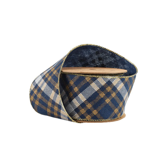 2.5in Faux Linen BLUE/GOLD & White Diamond Check