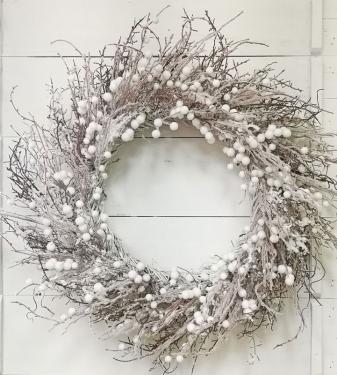 26in Snow Twig Ball Wreath WHITE