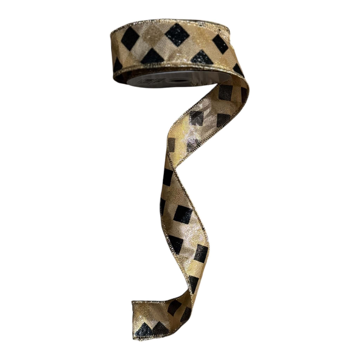 1.5-inch x 10-yard designer ribbon featuring a repeating row of black harlequin diamonds on a shimmering champagne-gold woven ground with metallic-gold stitched edges.