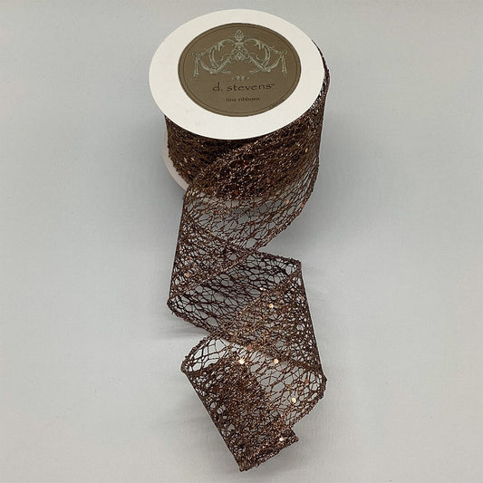 D. Stevens 2.5 inch brown glitter mesh wired designer ribbon with metallic bronze shimmer on a 10-yard roll.