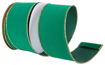 2.5" Emerald Green Velvet Duro Domestic Wired Edge Ribbon Gold Edge | 10 Yard Designer Ribbon Reliant Ribbon