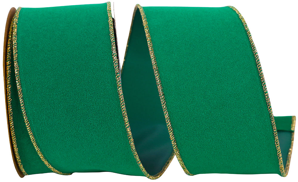 2.5 inch emerald green velvet wired edge ribbon with metallic gold edging for wreath making, Christmas bows, floral arrangements, tree decorating, holiday décor, and gift wrapping.