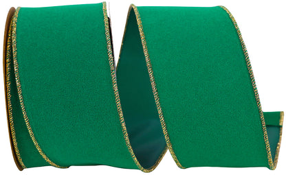 2.5 inch emerald green velvet wired edge ribbon with metallic gold edging for wreath making, Christmas bows, floral arrangements, tree decorating, holiday décor, and gift wrapping.