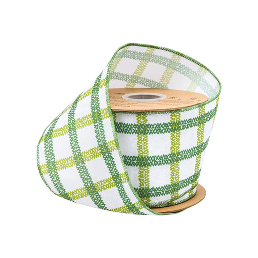 4inx10yd Green Grid on White Linen Ribbon