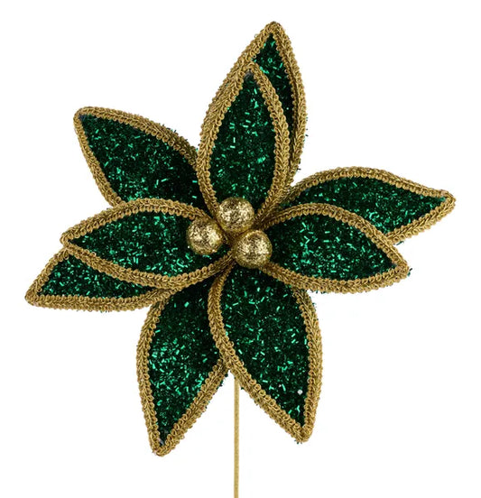 14in Glitter/Lace Edge Poinsettia EMERALD/GOLD