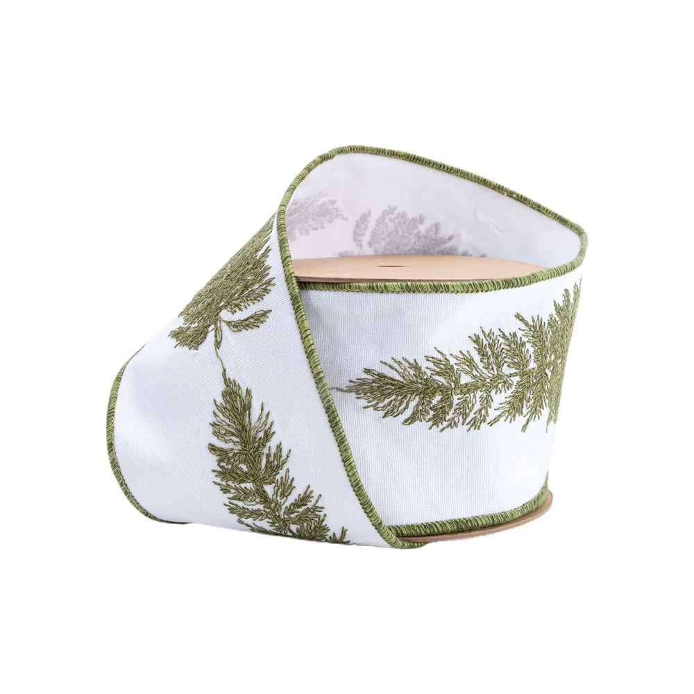 4inx10yd Canvas Embroidered TREES MOSS/WHITE