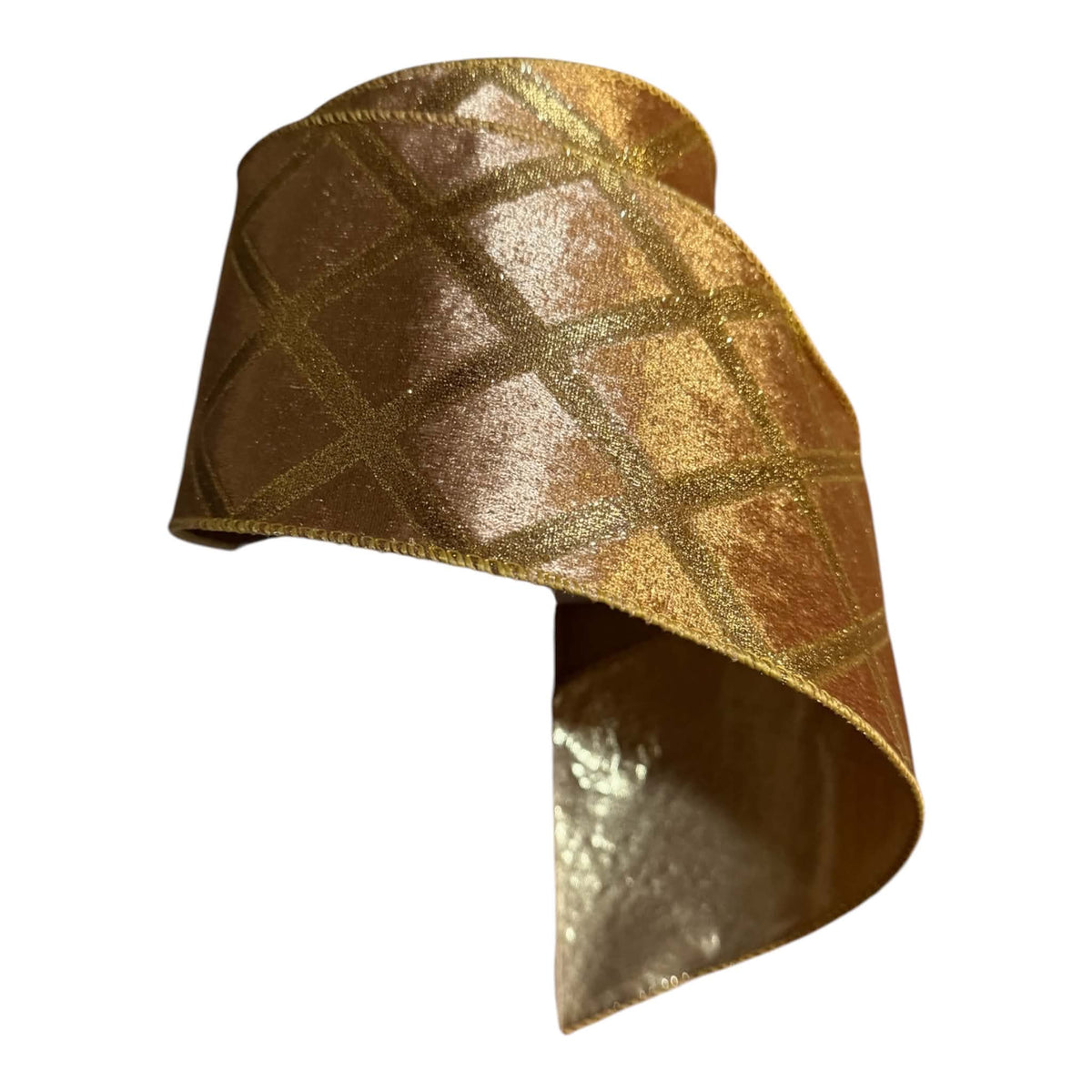 4-inch x 10-yard champagne gold velvet designer ribbon featuring a metallic gold diamond lattice over a plush pile with gold braided edges and a smooth reflective metallic gold reverse visible on the folded tail