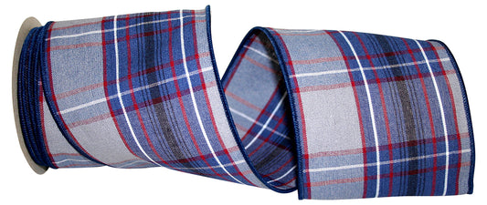 4 inch Plaid Plains wired edge ribbon in blue, navy, red, white, and gray for wreath making, Christmas bows, patriotic decorations, floral arrangements, and DIY home décor.