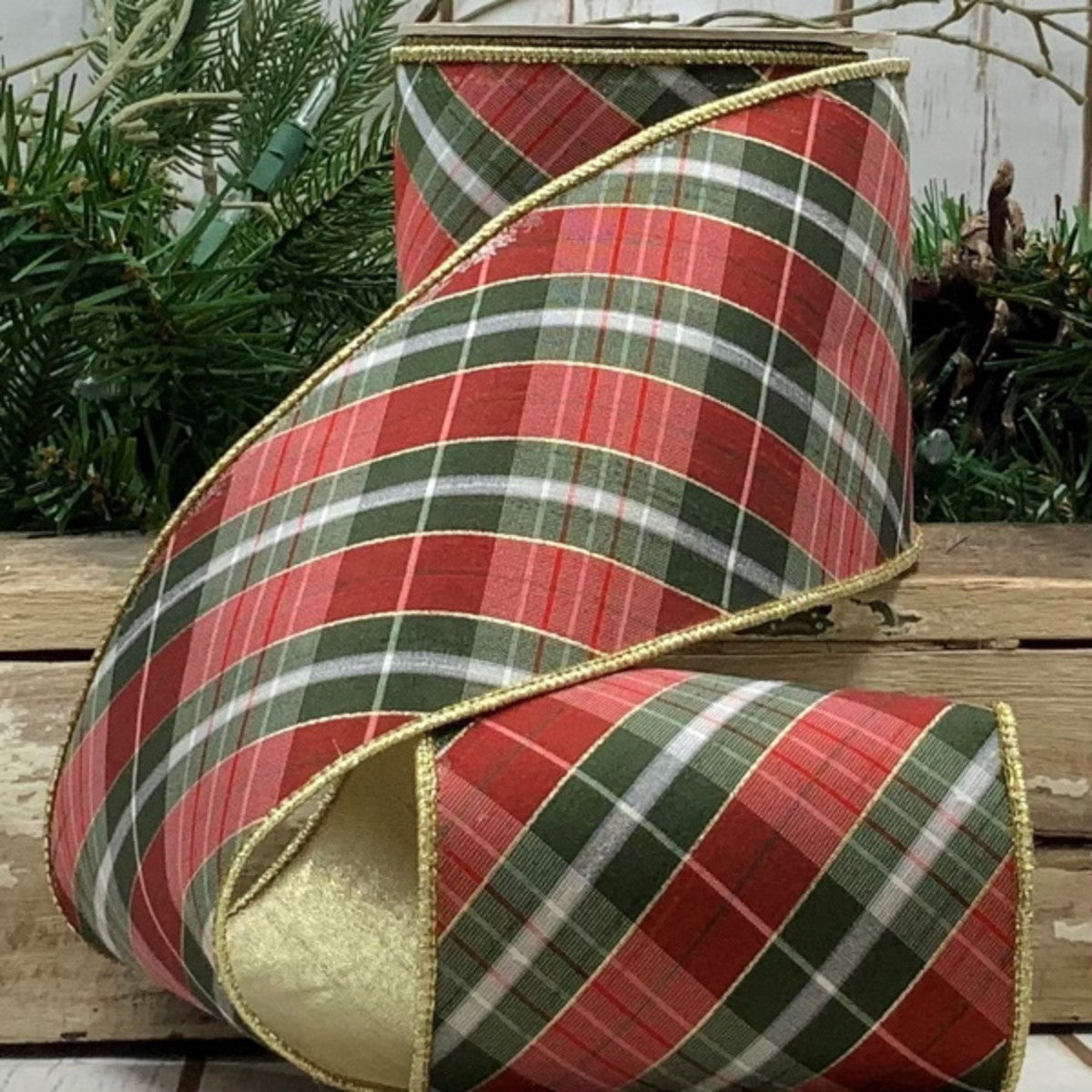 4inx10yd RED/GREEN Dupion BONNIE Plaid Christmas Ribbon