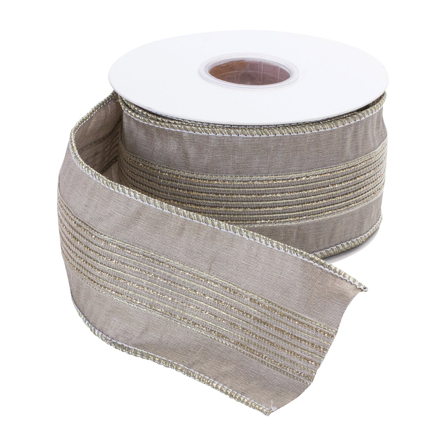 2.5-inch taupe wired polyester ribbon with champagne metallic multi-stripe center and coordinating wired edges on a 10-yard roll.