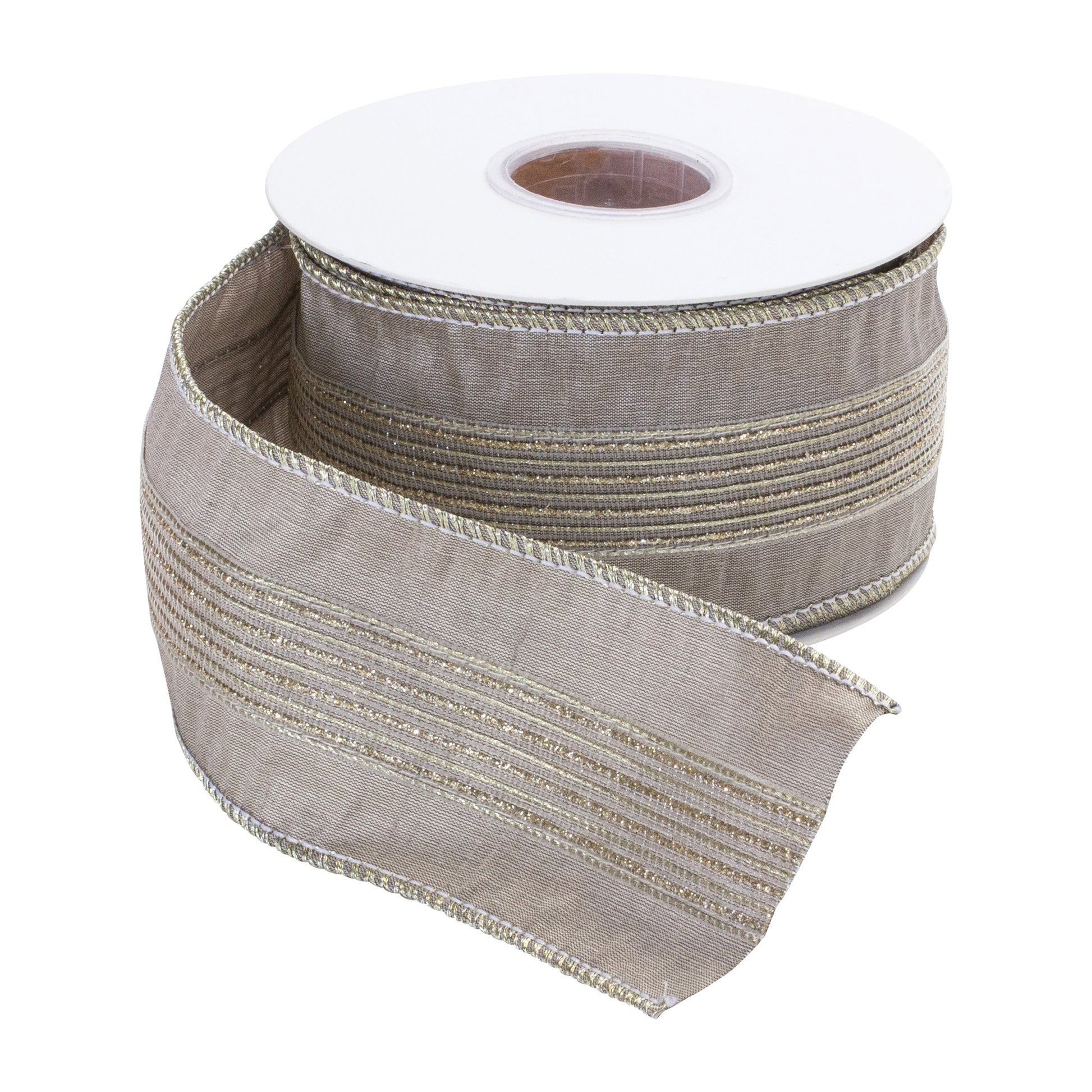 2.5-inch taupe wired polyester ribbon with champagne metallic multi-stripe center and coordinating wired edges on a 10-yard roll.
