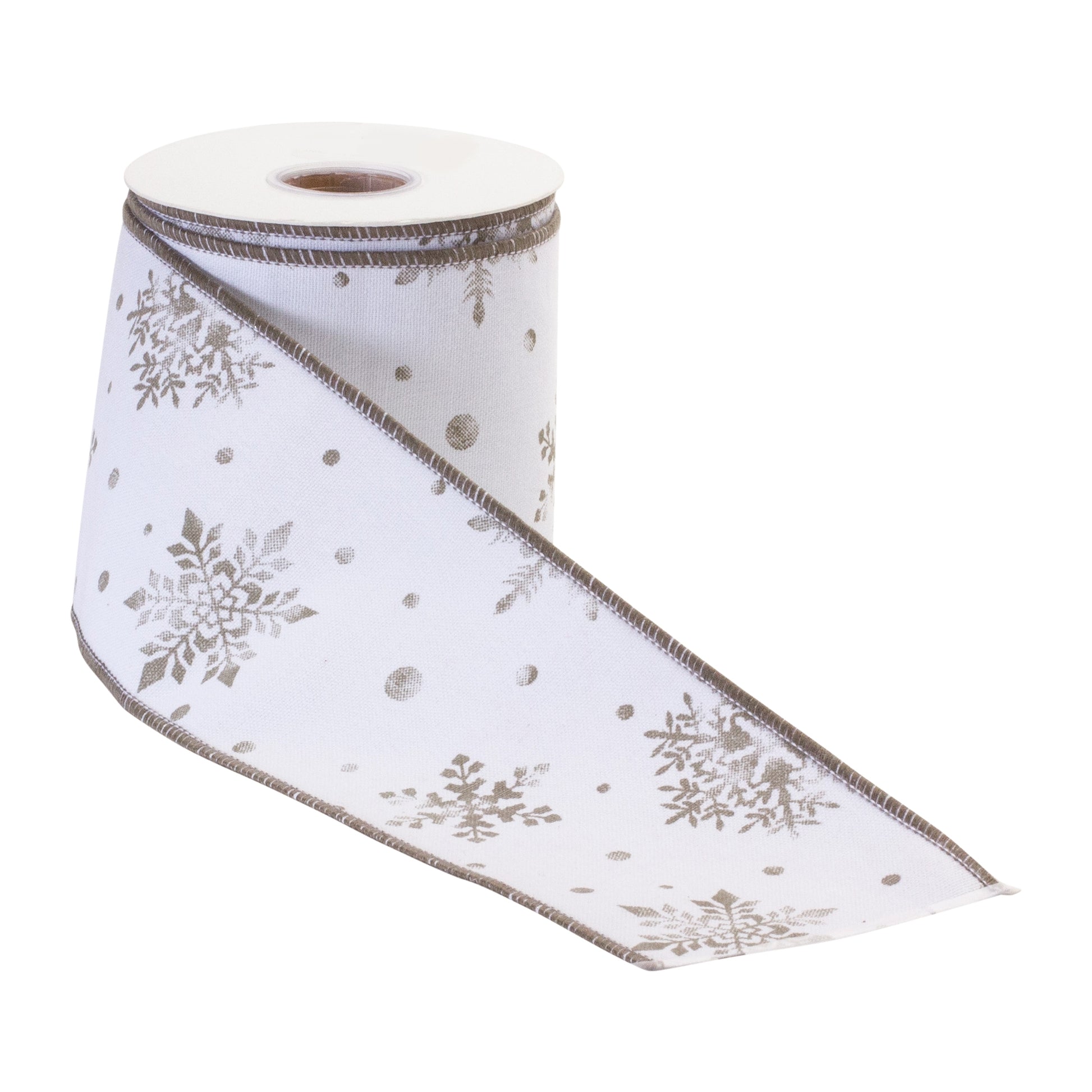 4-inch white wired cotton Christmas ribbon with champagne snowflakes and scattered dots on a 10-yard roll.
