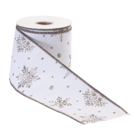 4-inch white wired cotton Christmas ribbon with champagne snowflakes and scattered dots on a 10-yard roll.