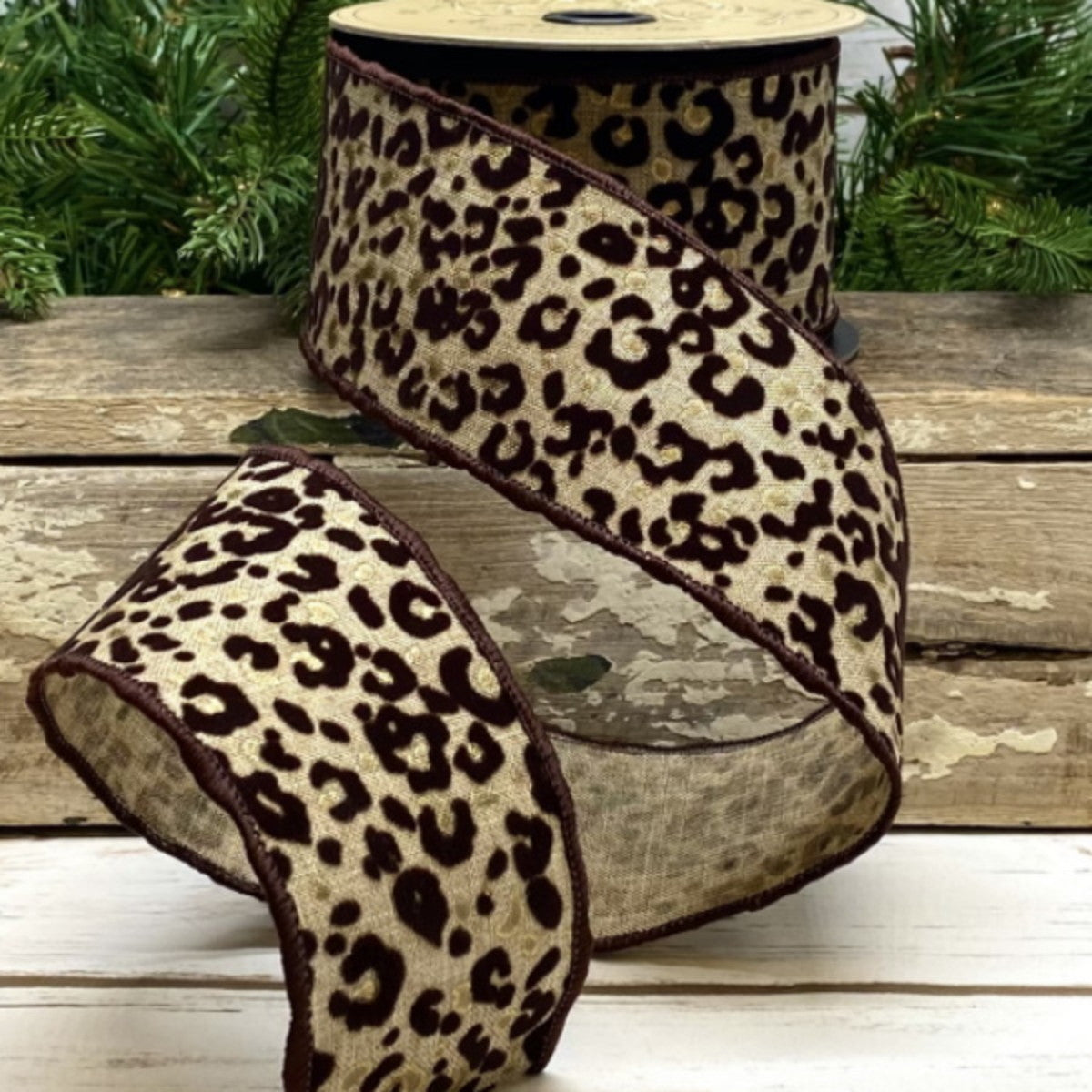 D Stevens Designer 2.5inx10yd Linen and velvet Leopard Ribbon NATURAL