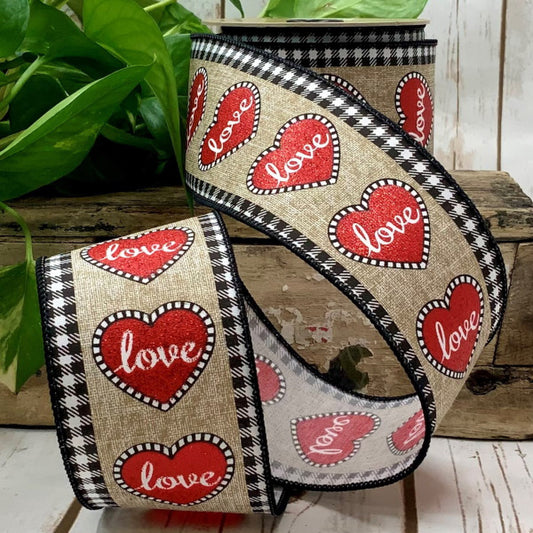 2.5inx10yd Satin Glitter Love Heart NATURAL