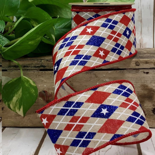 2.5inx10yd Linen Patriotic Glitter Harlequin