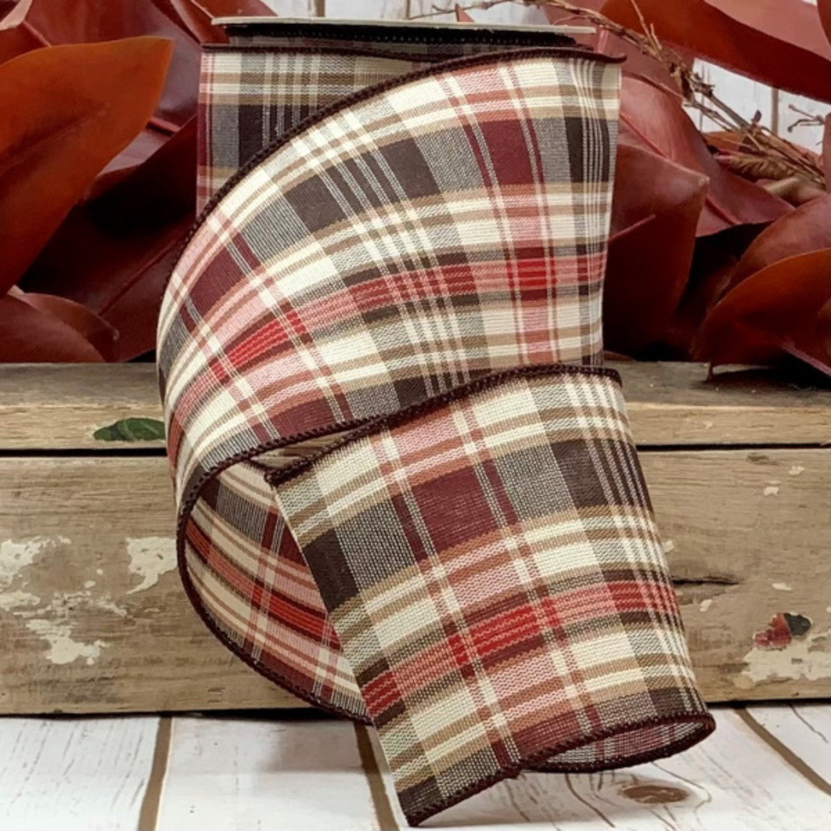 D Stevens 4inx10yd Fall Plaid Linen red, brown, and ivory Designer Fall Ribbon