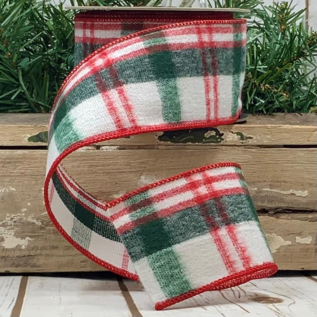 2.5inx10yd Wool Holiday Plaid Green, Red and White