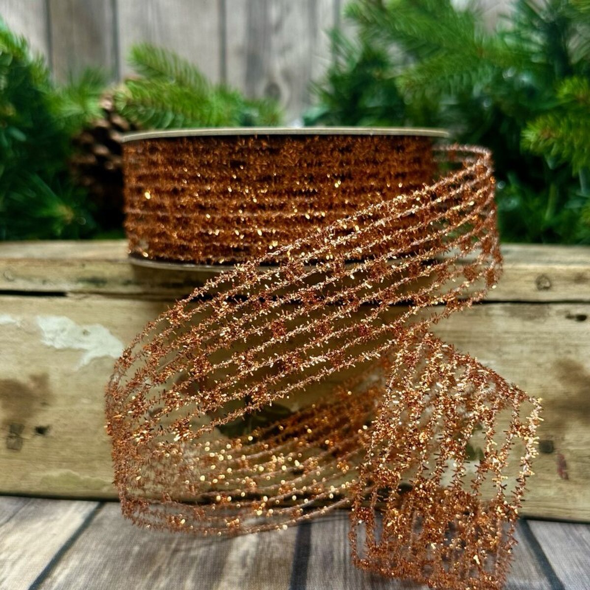 1.5inx10yd Metallic Copper Diamond Stretch Tinsel ribbon DStevens